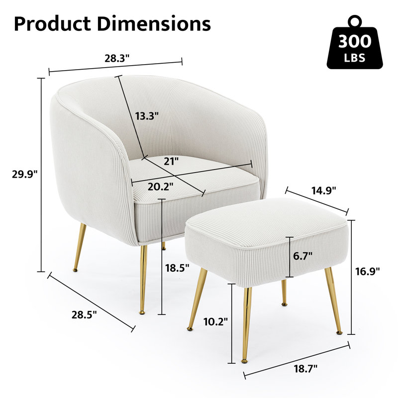 Yaneth 28.3'' Wide Corduroy Accent Barrel Chair with Ottoman, White Corduroy