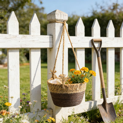 7.5 Inch Jute Rope Hanging Planter – Handwoven Macrame Plant Basket with Built-in Plastic Liner, Sturdy Hanging Rope, Decorative Storage Basket for Indoor Outdoor Plants, Home Decor for Living Room Balcony Garden