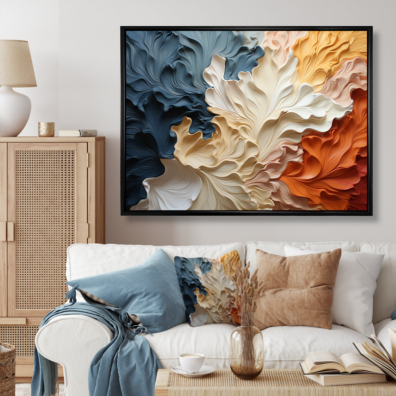 "Custards Collage" beige et orange III - Décoration murale abstraite, Cadre flottant noir, 16" H x 32" W