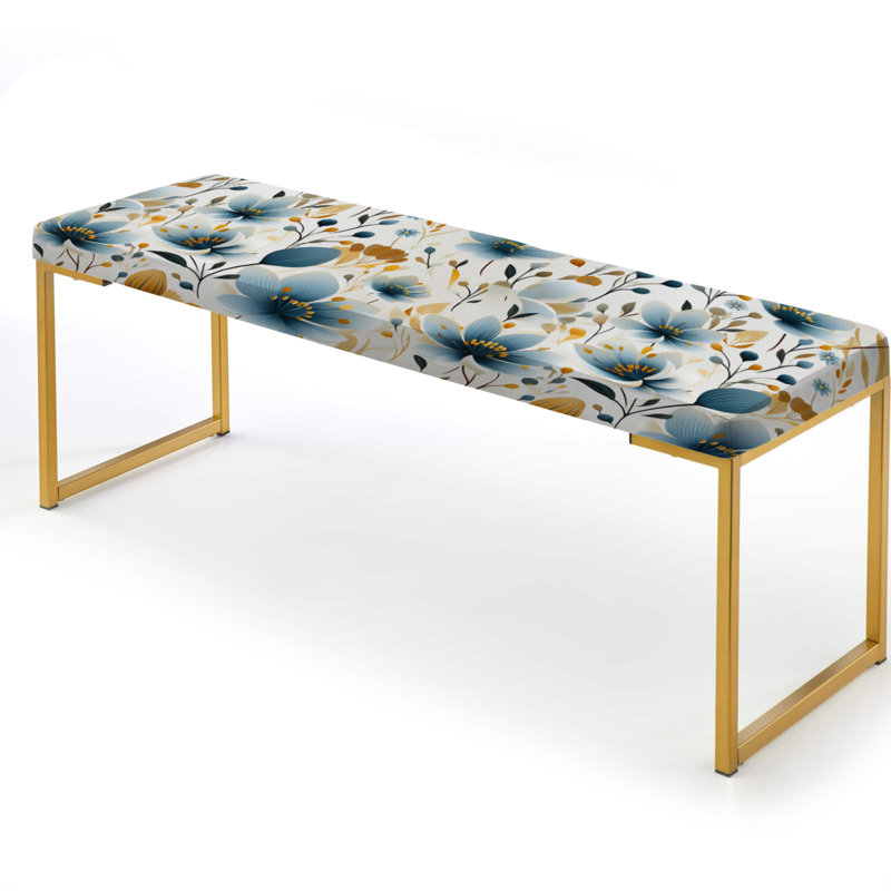 Motif floral bleu et beige Meadow - Banc rembourré floral doré