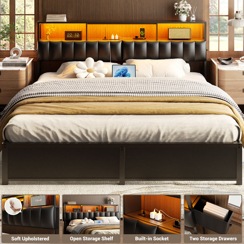 Kulthum Upholstered Headboard with Storage Bags, King, Black