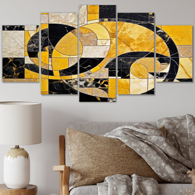 Or et noir en mouvement III - formes abstraites, reproduction sur toile - 5 panneaux