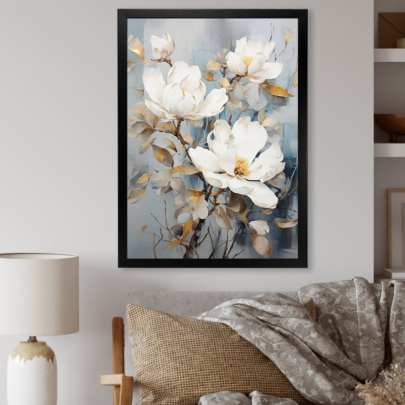 Minimalisme Magnolias sur toile, Cadre simple noir, H 32 po x l 16 po x P 1 po