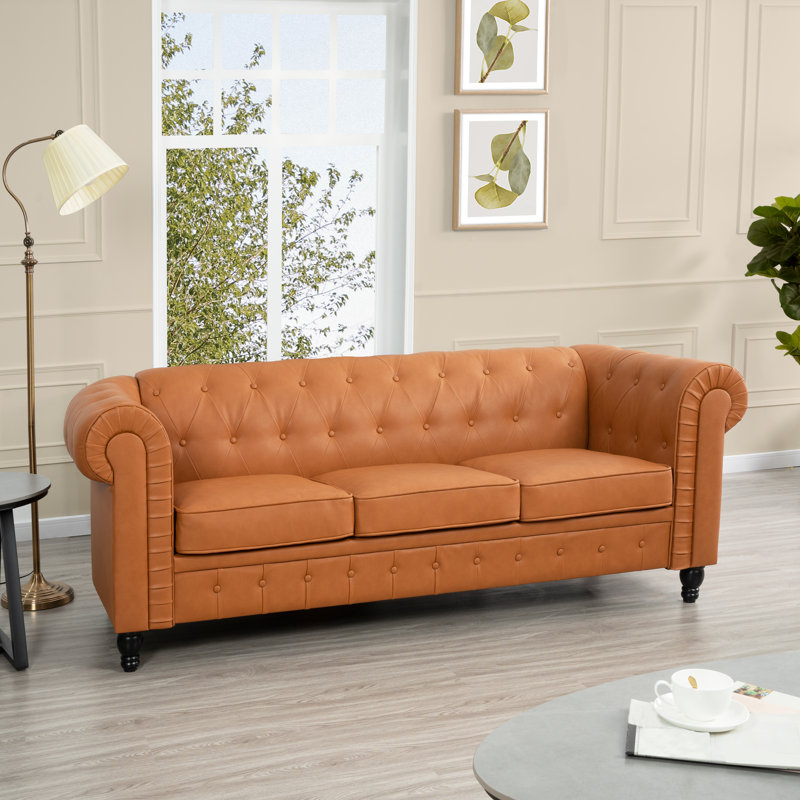Sanmiguel Leather Chesterfield Sofa Couch – Tufted Design with Arms, Modern Comfort for Living Room, Caramel Air Leather