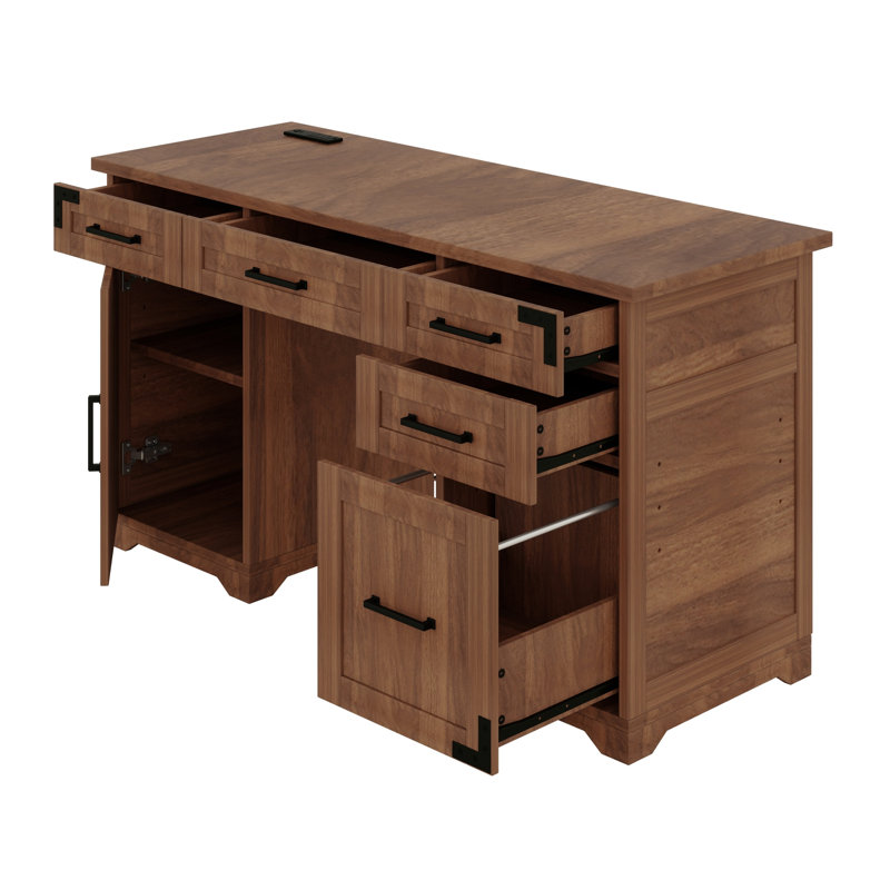 Table d'écriture, prises de courant, tiroirs multiples et armoire de rangement Vintage Farmhouse, Walnut