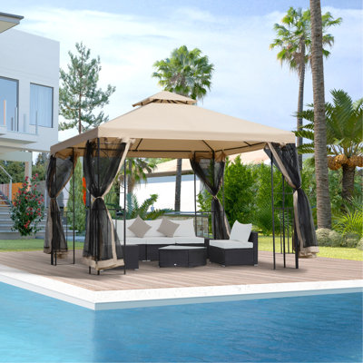 Pavillon de jardin spacieux de 10 pi X avec tablettes d'angle, filet et auvent ventilé pour structure en acier pour jardin de jardin, décoration extérieure