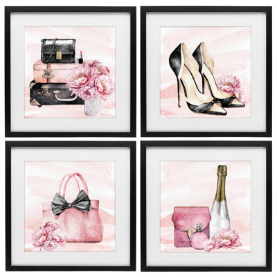 Glam Time Accessoires, ensemble de 4 impressions sous verre encadrées, design par Kim Allen