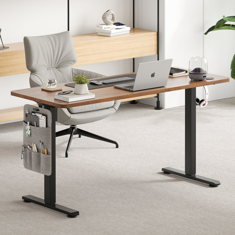 Electric Height Adjustable Home Office Standing Desk, Rustic Brown, Black, 140cm W x 60cm D