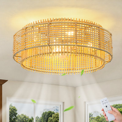 19.69" Boho Farmhouse Ceiling Fan Light and Remote Control,  Rattan Caged Shade, 6-Speed Reversible DC Motor