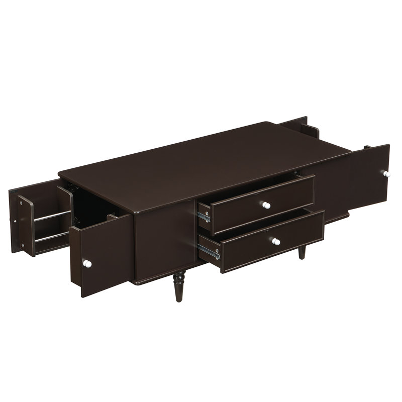 Table basse en bois de 47,2 po avec poignées et quatre pieds en bois massif, table basse de style moderne avec quatre tiroirs, table rectangulaire avec deux compartiments de rangement cachés