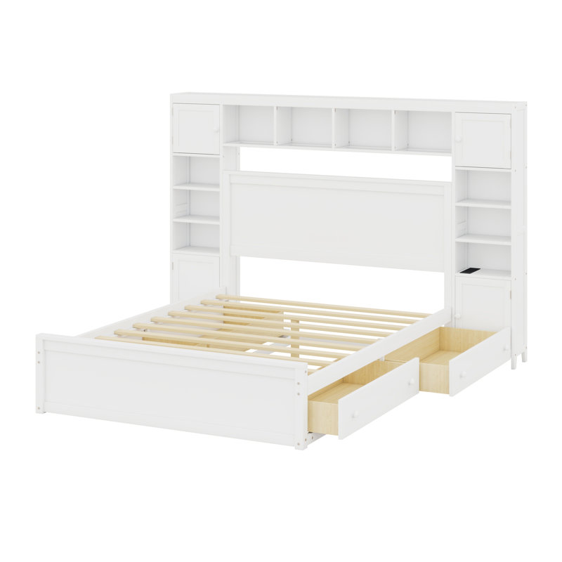 Lit en bois avec armoire tout-en-un, tablette et douilles, tiroirs, Blanc