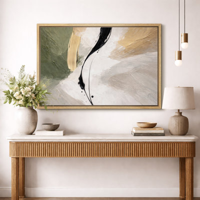 Abstract Green Beige Minimal Fluid Composition Artwork, Modern Living Room Pictures, Framed Canvas Giclee Print Wall Art
