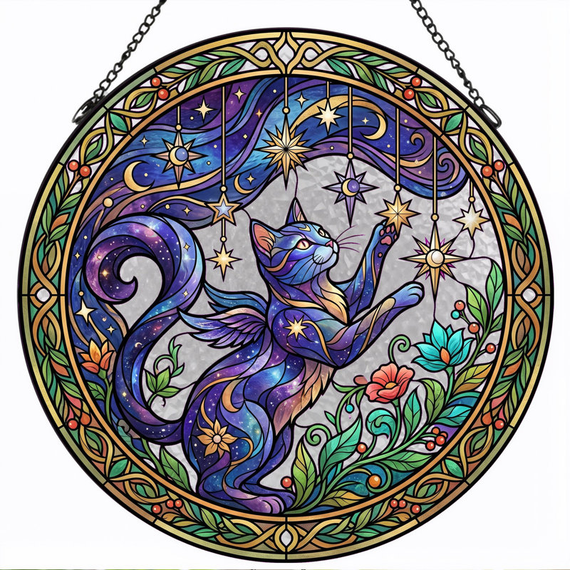 Panneau de vitrail Starry Cat, vitrail, 7,8 H, H 7,8 po
