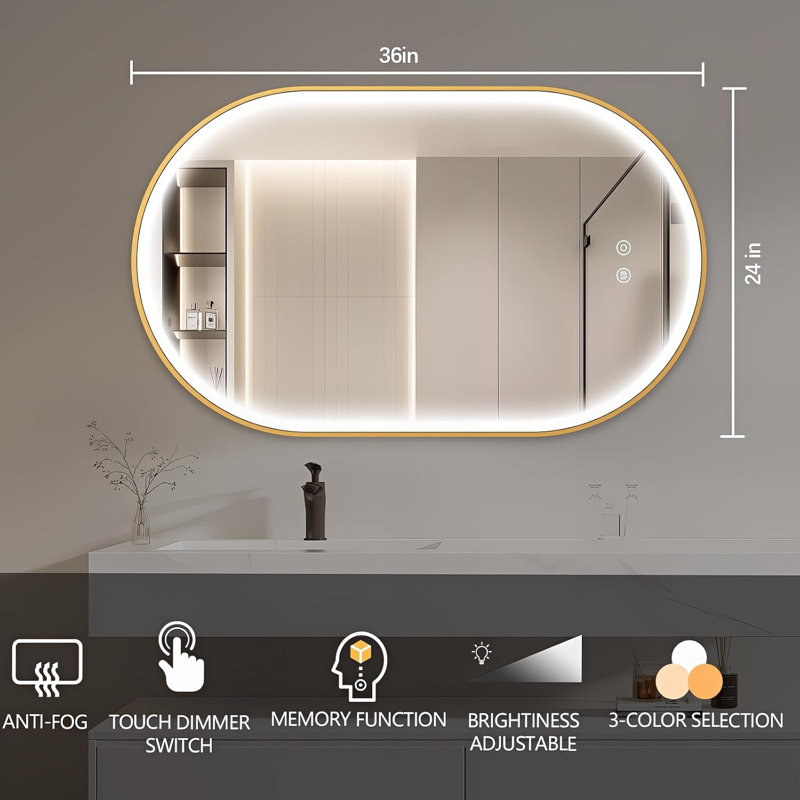 Miroir de salle de bain ovale à éclairage DEL 48 po x 24 po, cadre doré, éclairage frontal, 48" H x 24" W