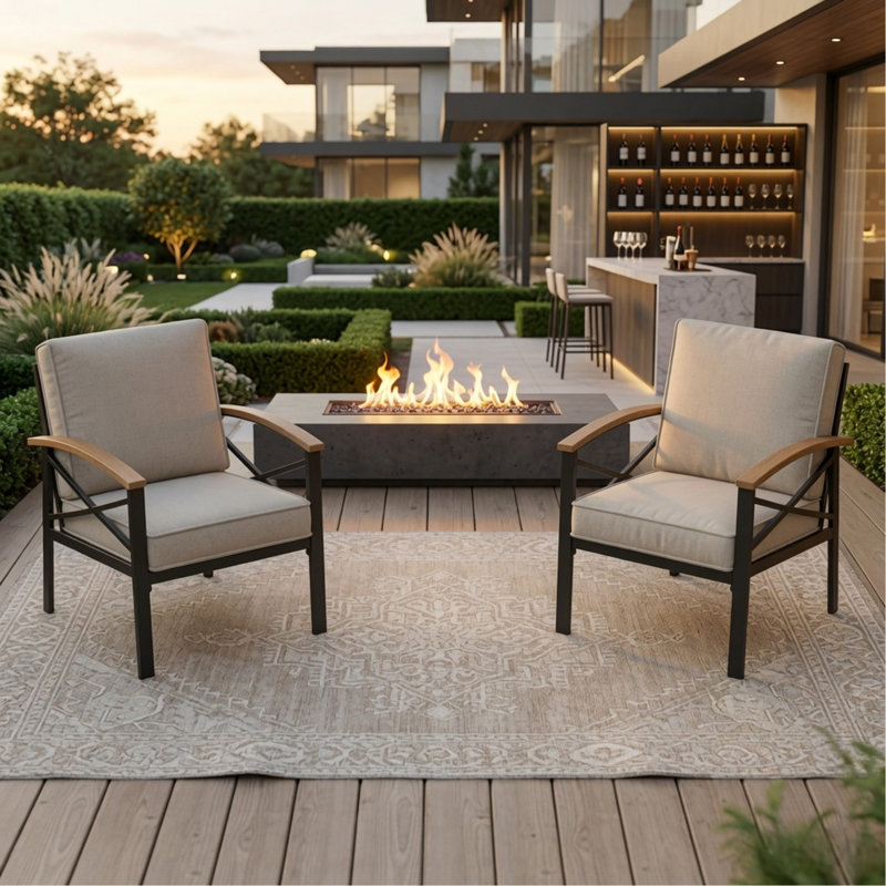 Ensemble de 2 fauteuils de patio extérieurs en métal Havey-Duty, ensemble 2 pièces toutes saisons, fauteuil simple avec coussins beiges épais lavables et structure noire
