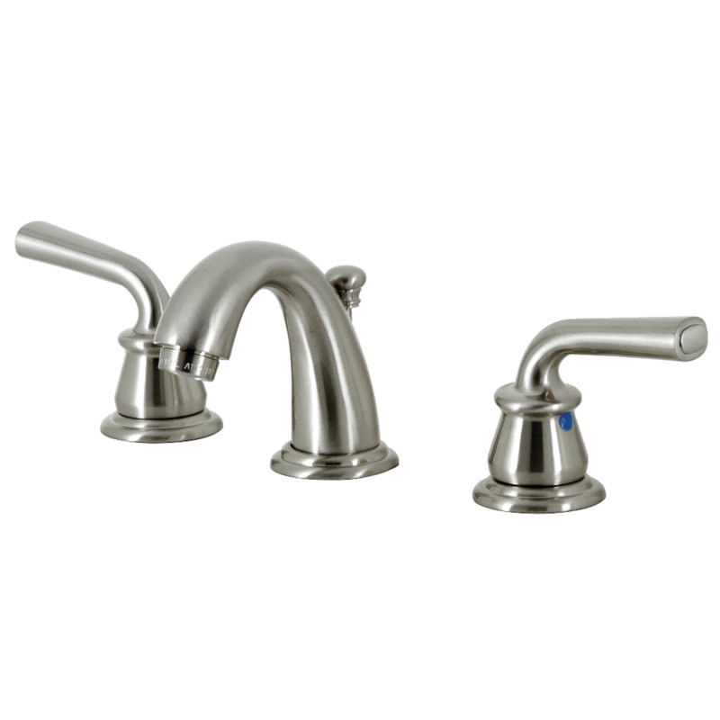 Kingston Brass Restoration Two-Handle 3-Hole Deck Mount Widespread Bathroom Faucet with Retail Pop-Up Drain, Brushed Nickel