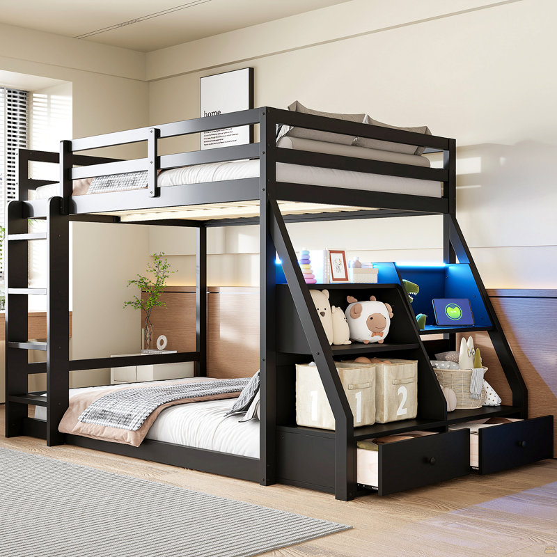 Full Bunk Bed With APP-Controlled LED Lights (7 Colors), USB Ports, Storage Shelves And 2 Drawers, Black