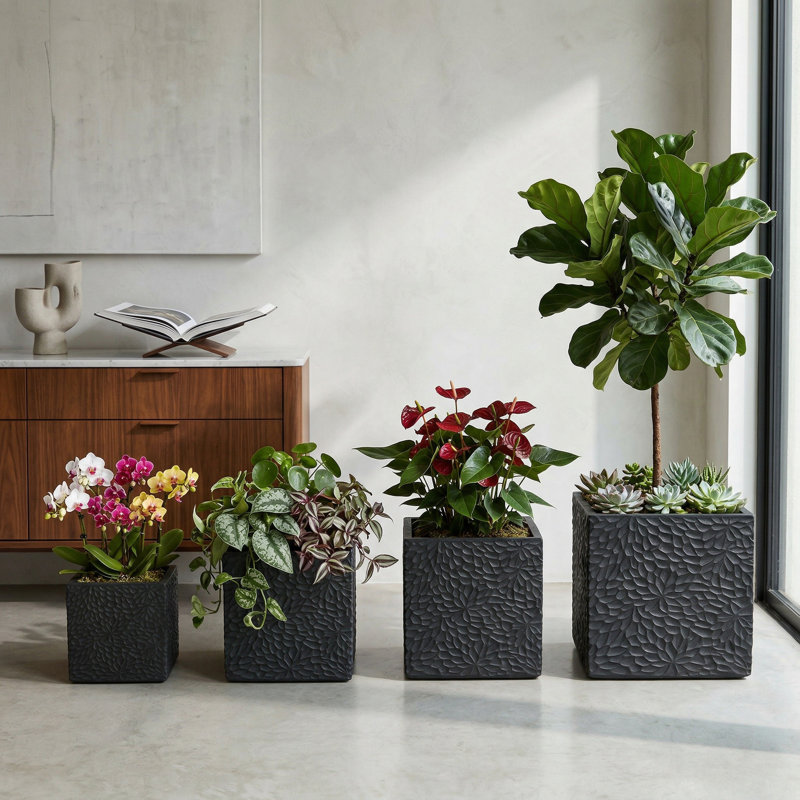 Modern Planter Pot 4-Pack with Drainage Holes & Lightweight Magnesium Oxide Construction, Crack-Resistant Weatherproof Round Planters for Indoor Outdoor Plants Home Garden Patio Decor