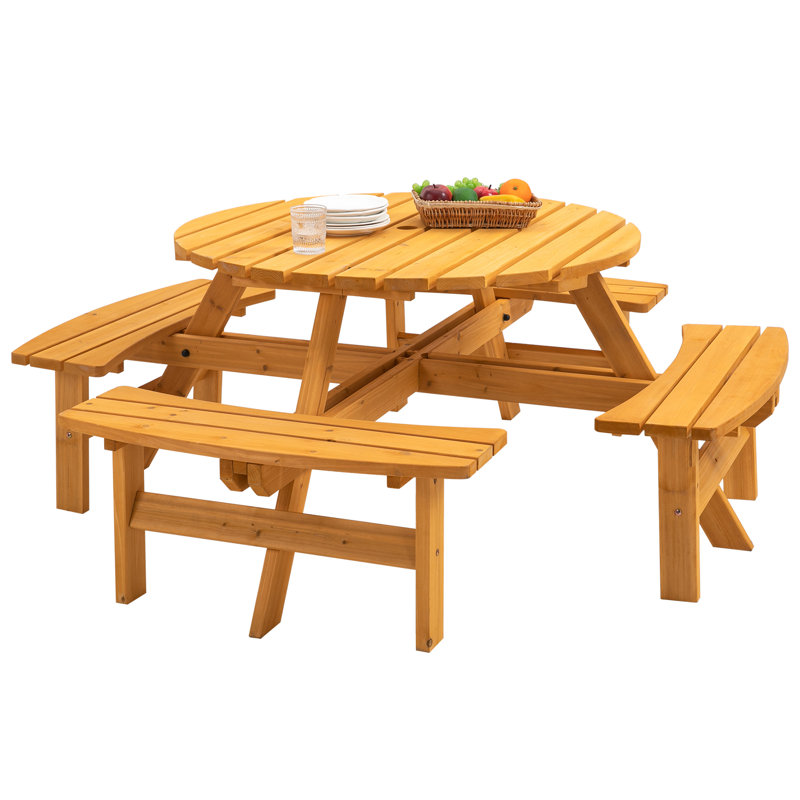 8 Person Wooden Picnic Table, Outdoor Camping Dining Table With Seat, Garden, DIY W/ 4 Built-In Benches, 2220Lb Capacity 