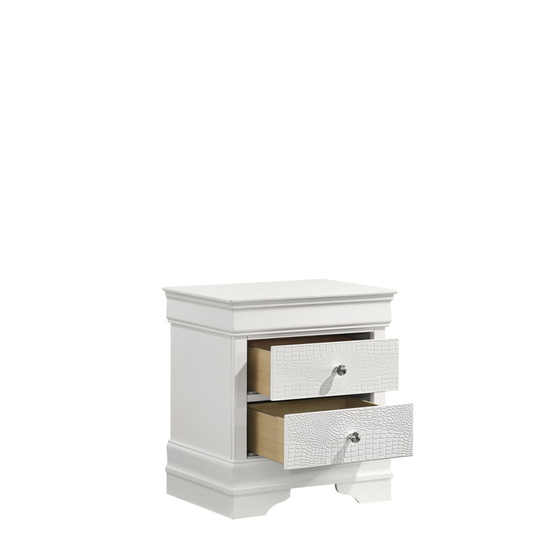 Chambre à coucher, armoire de chevet, blanc, 2 tiroirs, design moderne, bois massif, extérieur texturé, aspect cristal, dessus blanc doublé de velours rouge avec style avec tiroirs, finition, rangement pour la chambre à coucher