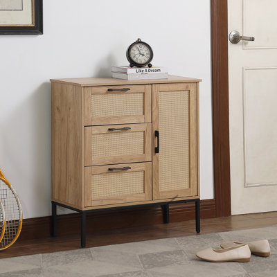 Armoire de rangement de style Mid-Century avec 3 tiroirs, portes en rotin, tablettes réglables, parfaite pour le salon et la salle à manger et facile à installer