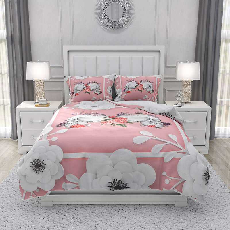  Ensemble de housse de couette en microfibre rose et blanc 3 pièces, Housse de couette simple + 2 très grandes taies d