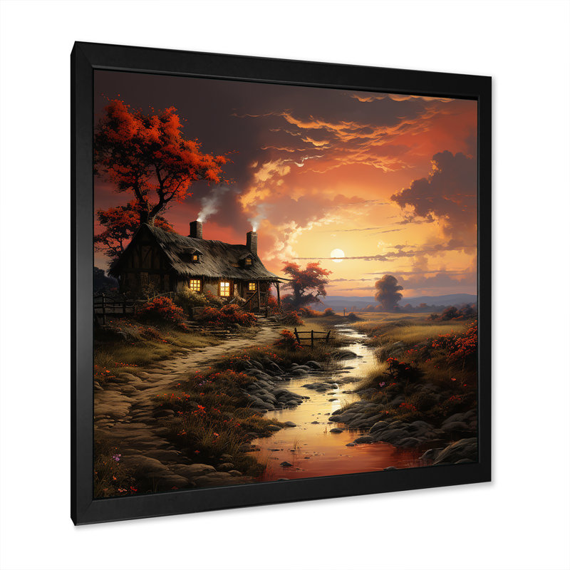 Cottage Sunset Sanctuary 1 - paysage, art mural sur toile, Cadre simple noir, H 36 po x l 36 po x P 1,5 po
