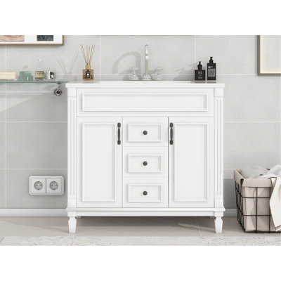 Meuble-lavabo 36 po avec lavabo supérieur, armoire de rangement moderne avec 2 portes à fermeture douce et 2 tiroirs, meuble-lavabo simple