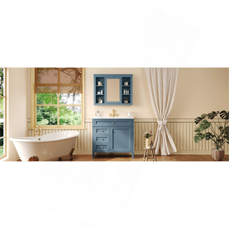 Meuble-lavabo 36 po avec armoire à pharmacie, armoire de rangement moderne avec 2 portes à fermeture douce et meuble-lavabo simple