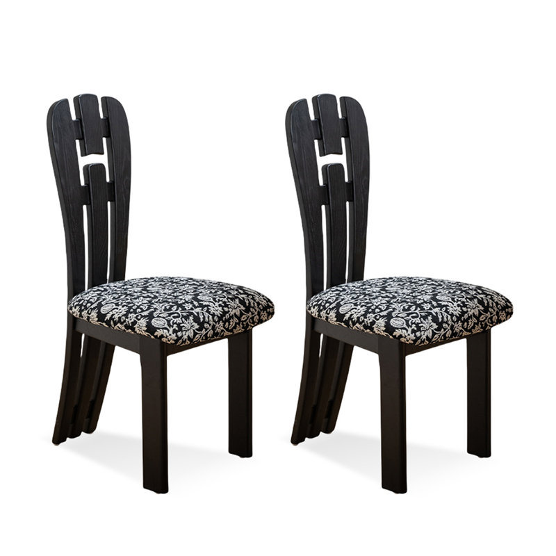 Chaise d'appoint noire à dossier solide (ensemble de 2), Motif floral blanc / noir, Noir