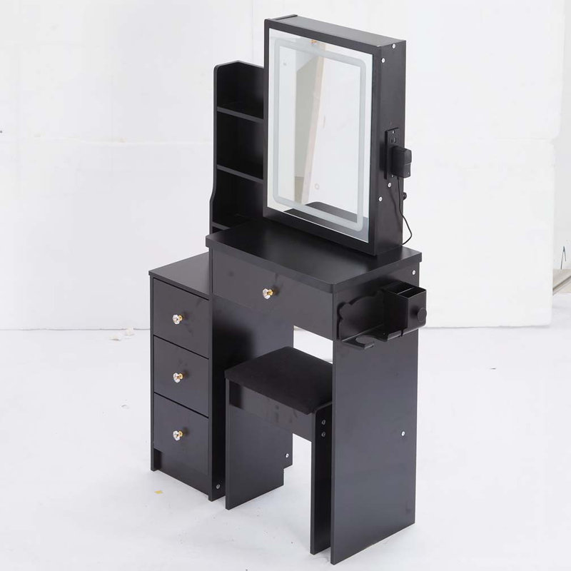 Jamie Cabinet Vanity Table with Padded Stool, Black