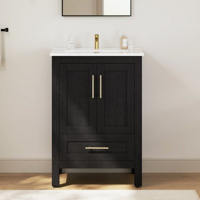 Meuble-lavabo autoportant simple de 24 po avec lavabo en céramique Lumina, noir, contreplaqué de bois franc, portes à fermeture en douceur et rangement réglable intérieur