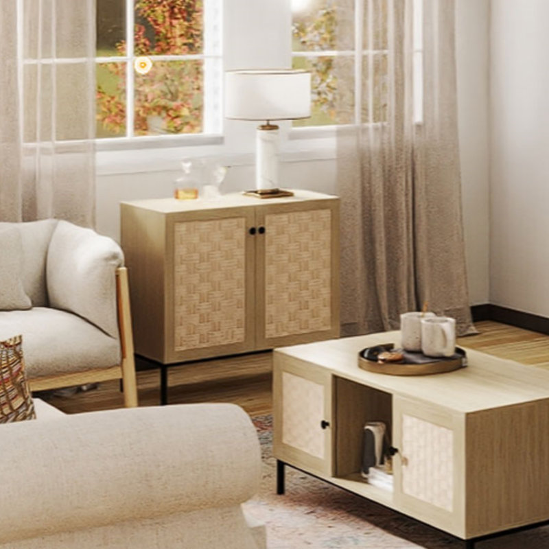 Howie 4-Piece Modern Oak Woven-Texture Furniture Set With Sliding Door Coffee Table & 360° Swivel Bedside Table