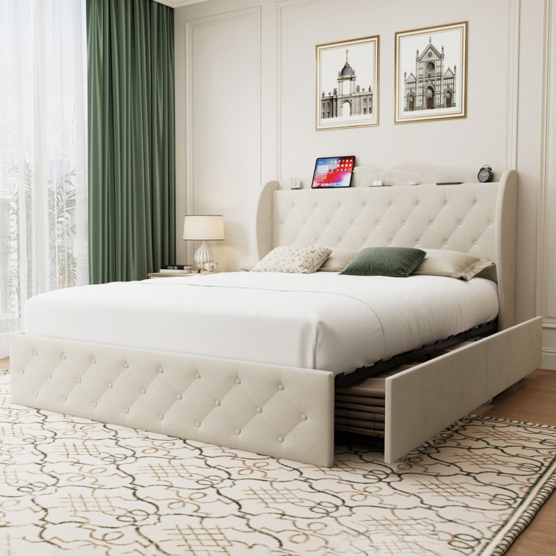 Queen Size Upholstered Bed with 4 Drawers, Bed with Storage Headboard and Charging Station, Queen