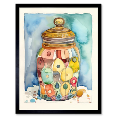 Glass Cookie Jar With Sweets Folk Art Watercolour Painting Art Print Framed Poster Wall Decor 12x16 inch