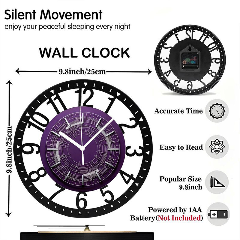 10" Round Iron Wall Clock with Silent Quartz Movement, Arabic Numerals, UV-Printed Design, Purple