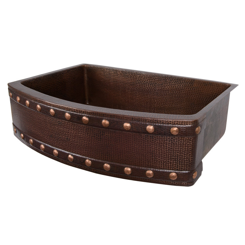 33" Hammered Copper Kitchen Rounded Apron Single Basin Sink with Barrel Strap Design w/ Matching Drain and Accessories