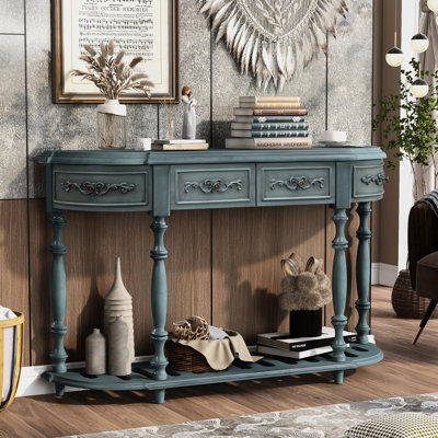 Table de salle à manger antique bleue, 4 tiroirs et 1 tablette, meubles de salon, console en bois massif de 52 po avec rangement, bleu