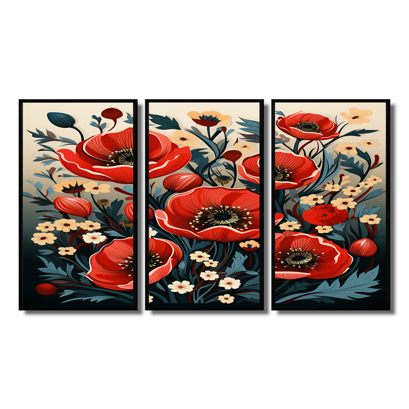 Coquelicots rouges dans la prairie - Illustration rétro - ensemble d'art mural coquelicots, Cadre flottant noir
