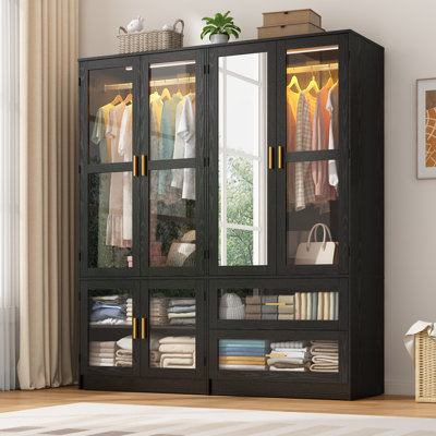 71" H Armoire With LED Sensor Lights, Acrylic Mirror, Drawers And Hanging Rod