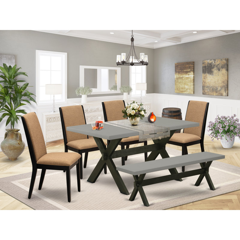 L'ensemble de table de salle à manger 6 pièces contient une table rectangulaire avec des pieds en X et 4 chaises rembourrées en tissu de lin sable clair avec un banc, noir brossé