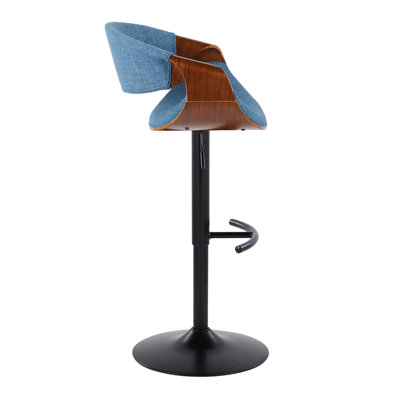 Mid-Century Modern Adjustable Barstool With Swivel In Black Metal, Walnut Wood And Blue Fabric With Rounded T Footrest By  - Set Of 2