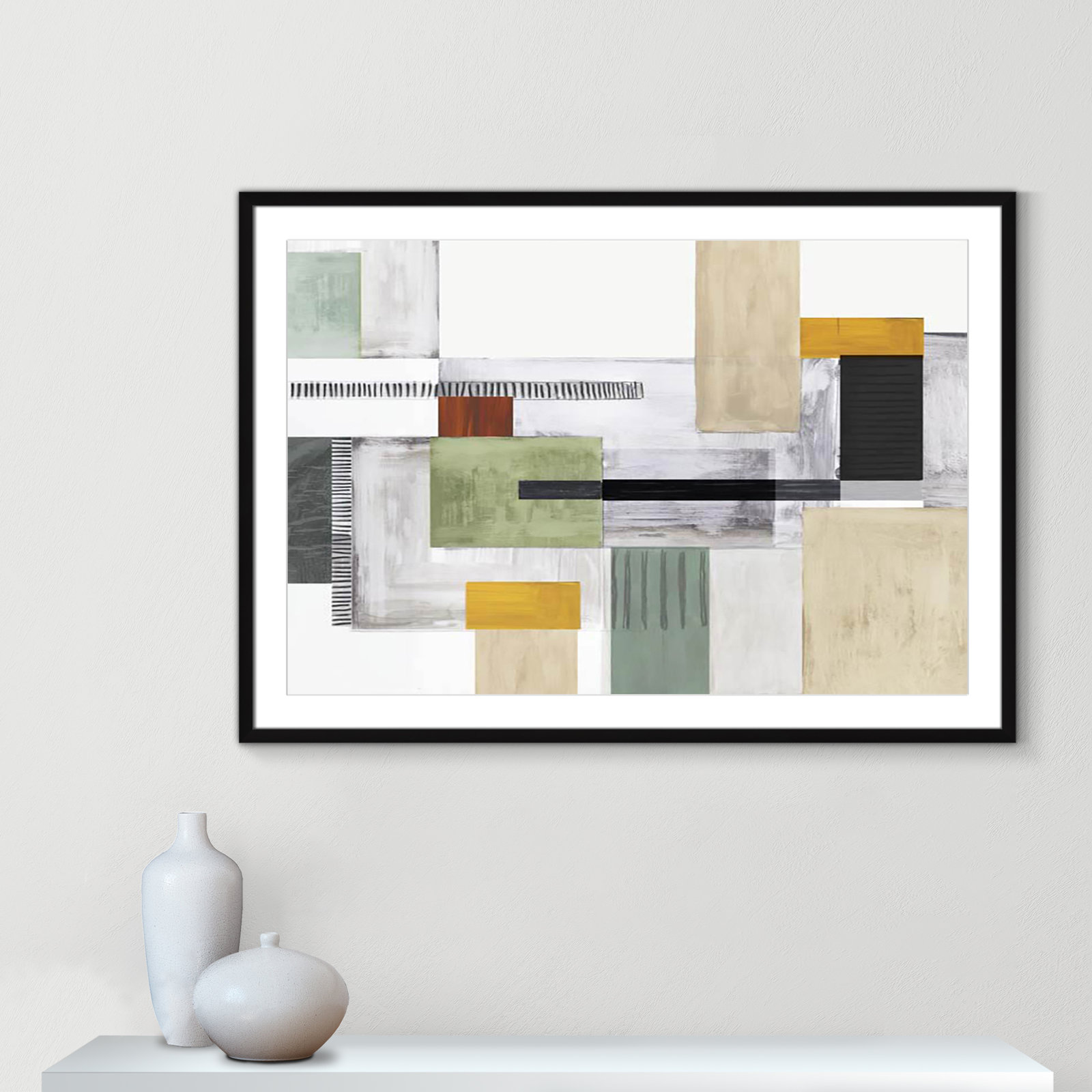 Playful Blocks Print by Tom Reeves, White, 29.5" H x 41.5" W x 1.25" D, Black Box Picture Framed
