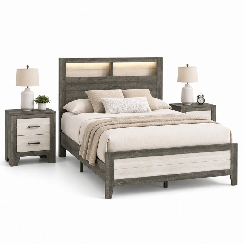 Ensemble de chambre pour grand lit, gris, blanc, bois de frêne clair, bois noir, ensemble de 3 pièces avec 2 tables de chevet