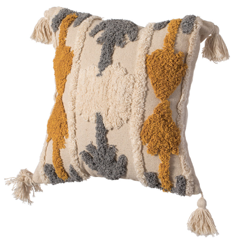 16'' Beige and Gray Cotton Throw Pillow with Tassels