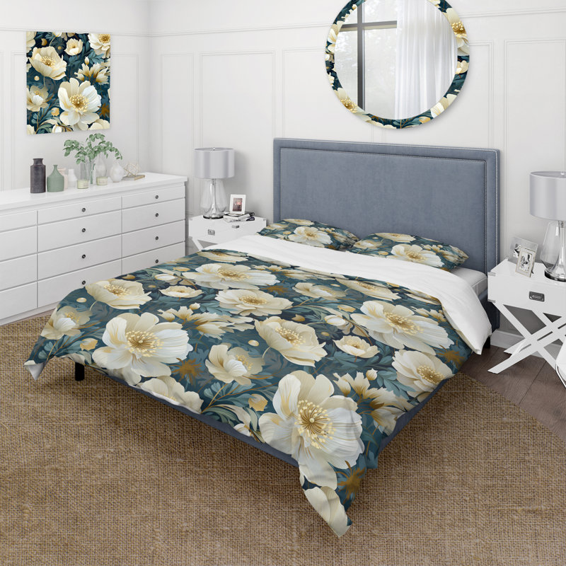 Ivory Elegant Floral Pattern I Box Stitch Floral Duvet Cover, King Duvet Cover + 2 King Shams