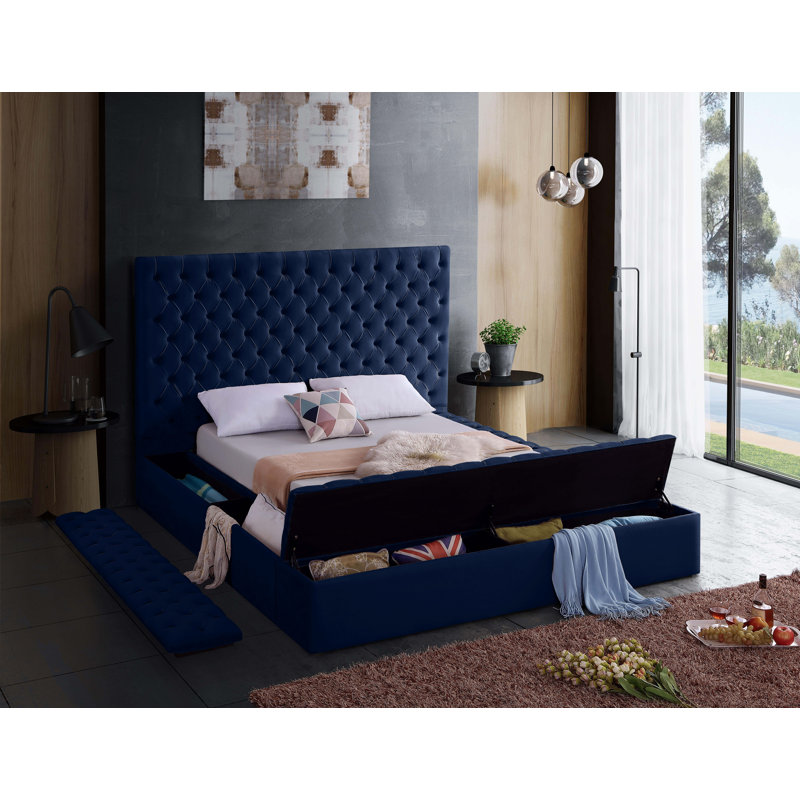 Lit plateforme tapissier avec rangement Johnnay, Très grand, Velours marine
