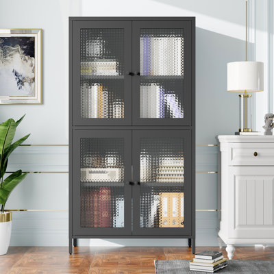 Black Metal Side Cabinet With Reinforced Glass For Kitchen - Classic Bookcase Tipping Accessories 4 Shelves