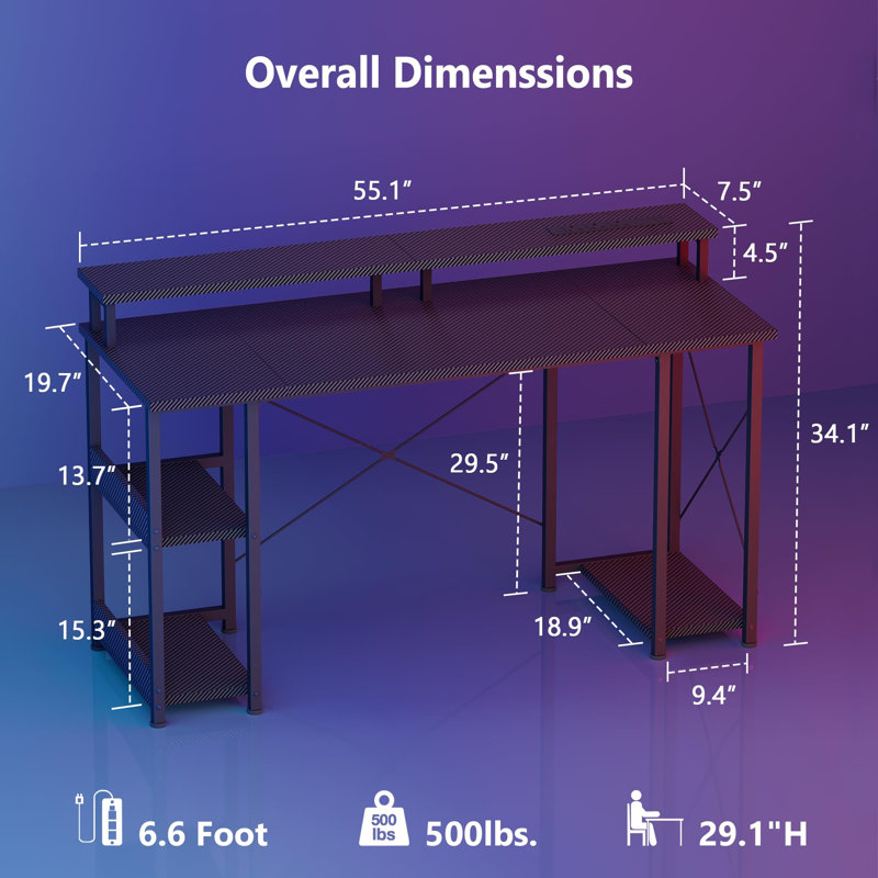 140 X 50 Cm Gaming Table With Dual Monitor Stand, Storage Shelves And Power Sockets, Black (Carbon Fiber)