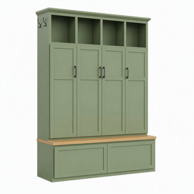 Modern Farmhouse All-in-One Hall Tree with 4 Hidden Cabinets, Open Shelves, Storage Bench, Drawers & 6 Hooks
